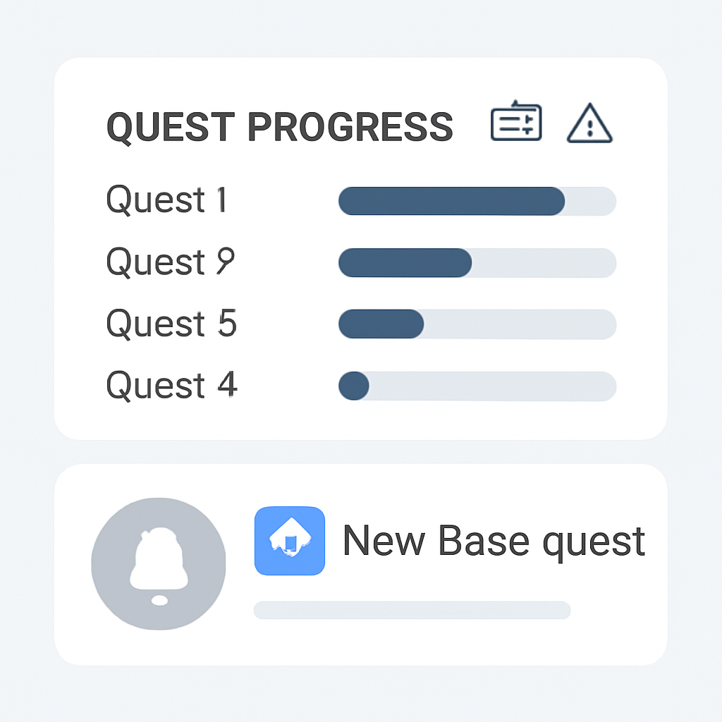 A dashboard tracking quest progress and notifications for new Base quests, with calendar and alert icons.