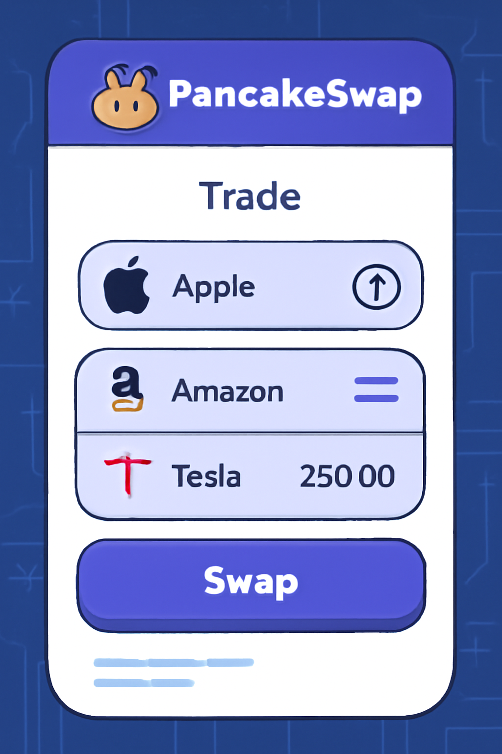 A digital interface showing PancakeSwap with Apple, Amazon, and Tesla stock icons, set on a futuristic trading dashboard.
