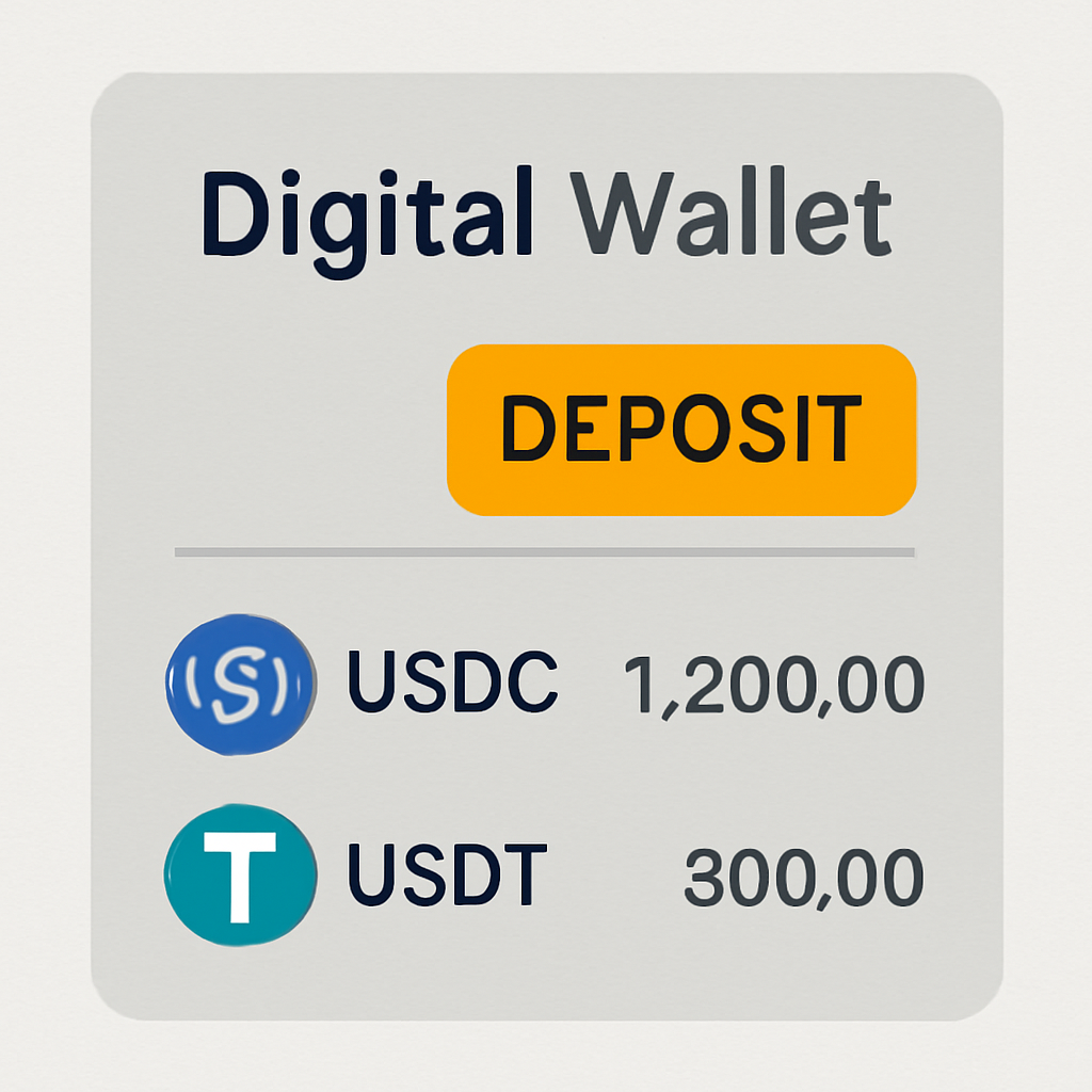 A digital wallet interface showing USDC and USDT balances, with a 'Deposit' button highlighted.