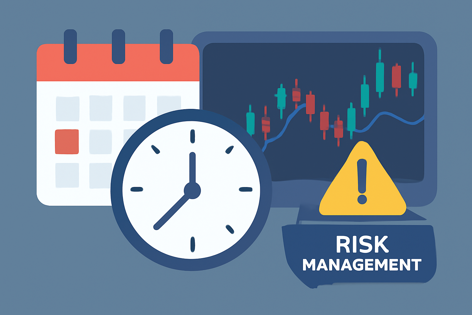A calendar and clock overlaying a trading screen, with warning and risk management icons.