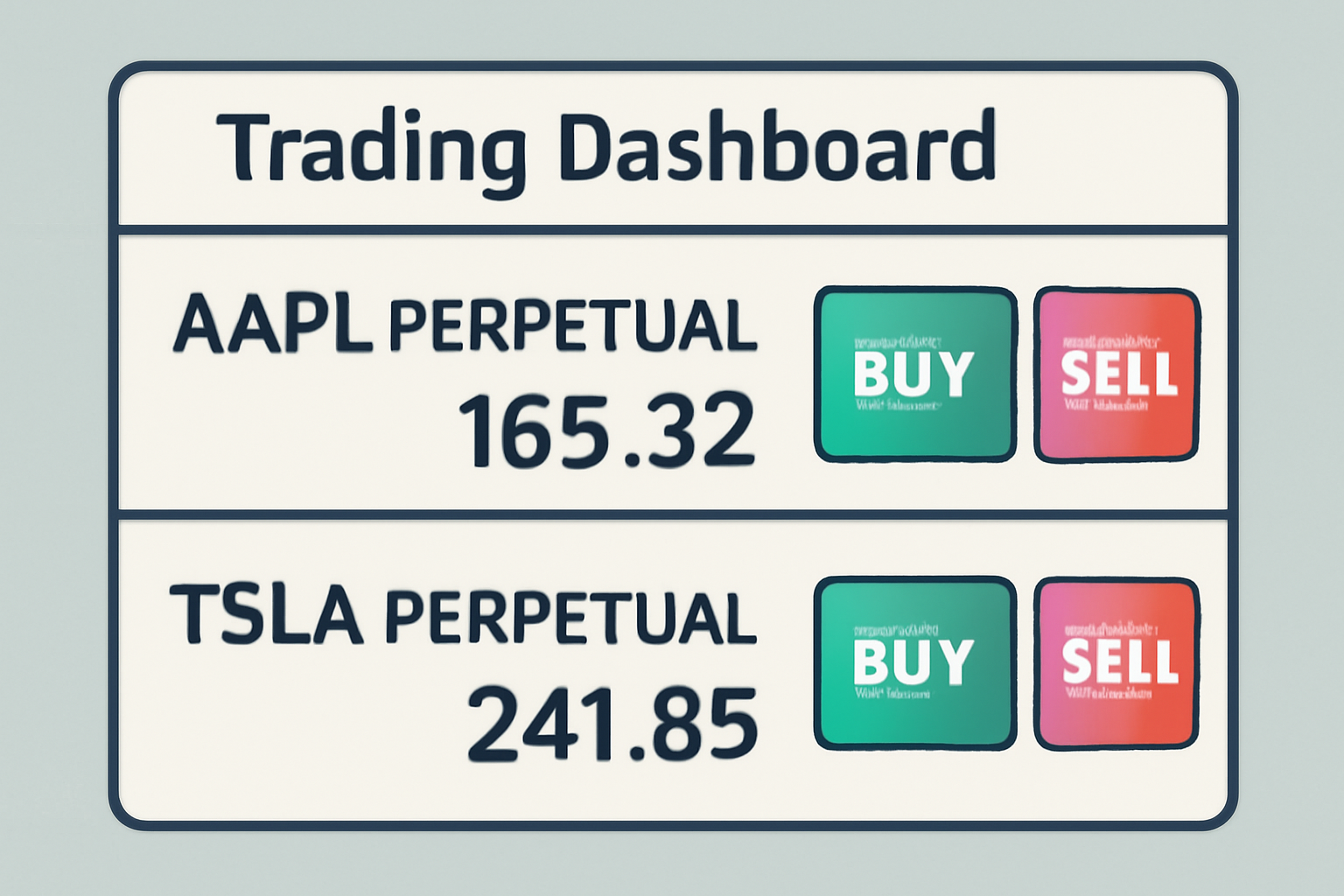 A trading dashboard with AAPL and TSLA perpetual contracts, showing buy and sell options.