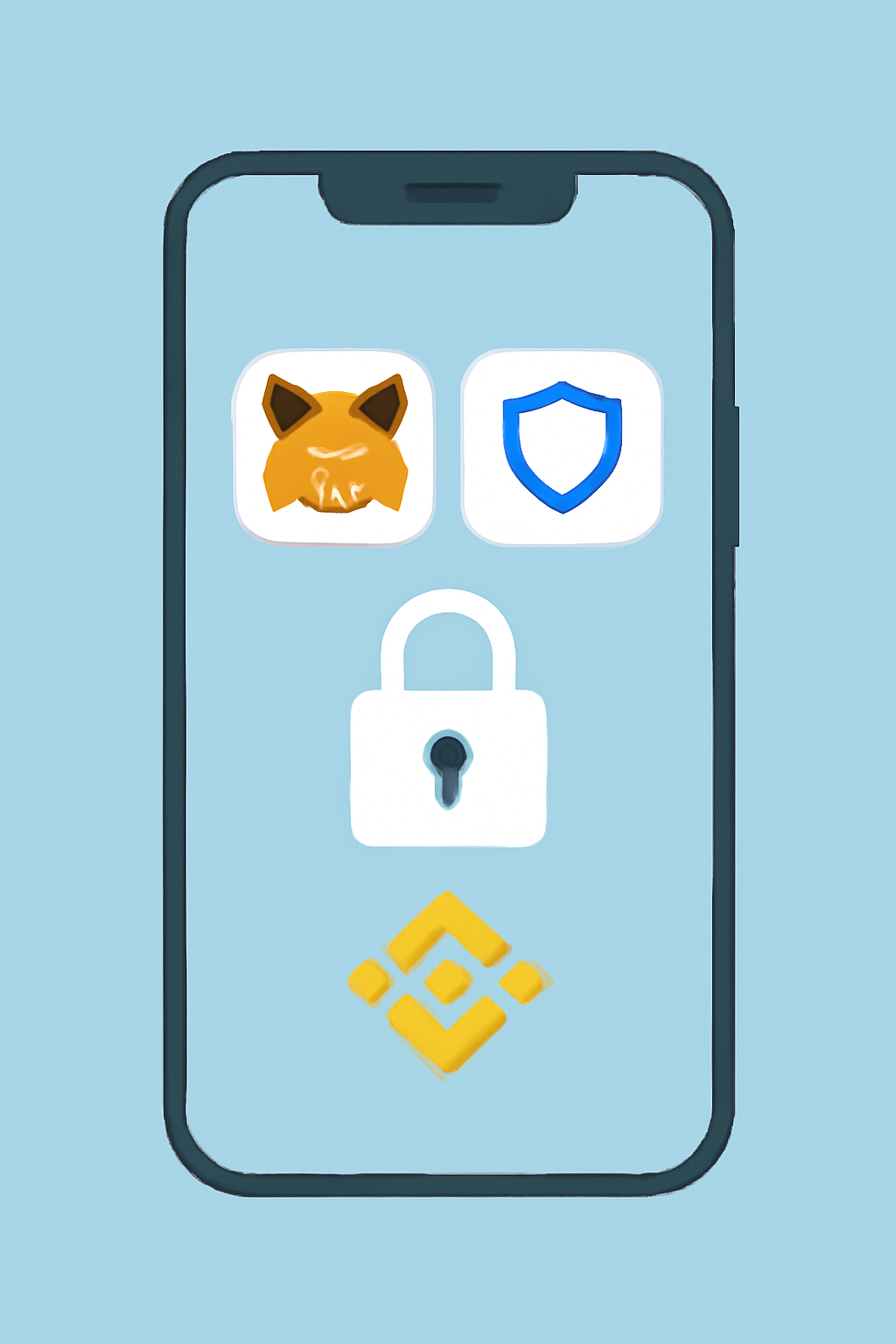 A smartphone displaying MetaMask and Trust Wallet icons, with a secure lock symbol and BNB Chain logo.