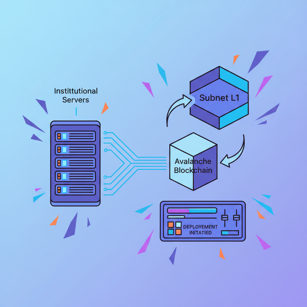 deploying avalanche subnet L1, institutional servers connecting to blockchain, high-tech control panel, dynamic energy bursts