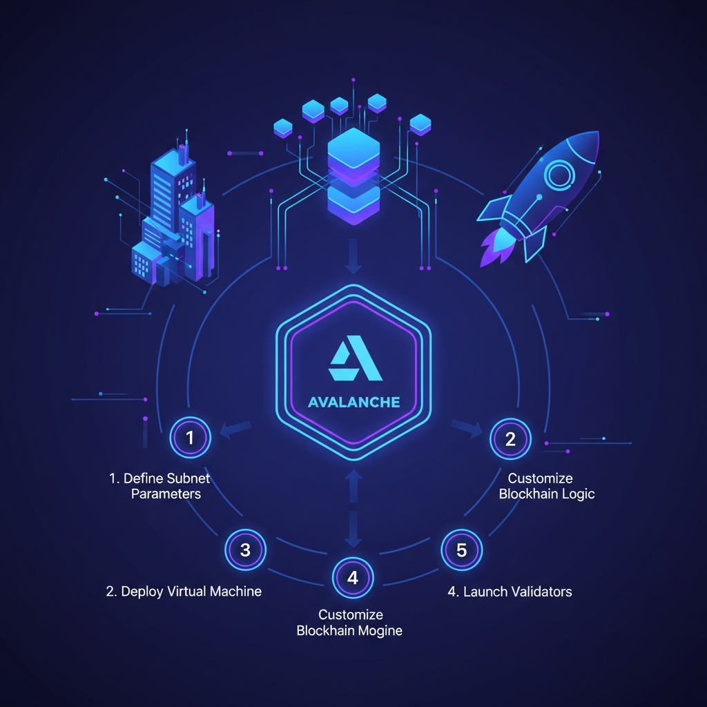futuristic enterprise launching custom blockchain subnet, avalanche logo, blue purple neon, scalable architecture diagram