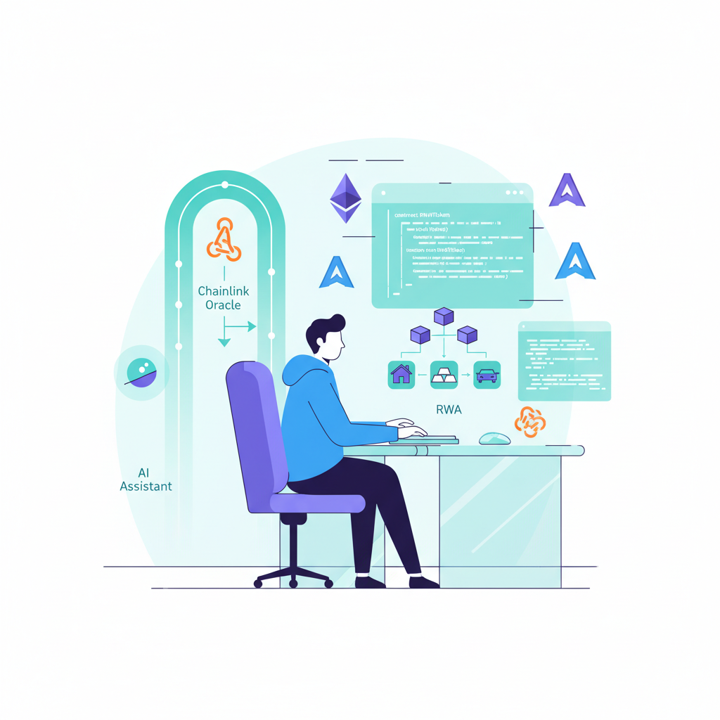 coding smart contracts for RWA tokenization, ethereum avax symbols, chainlink integration, developer workspace futuristic