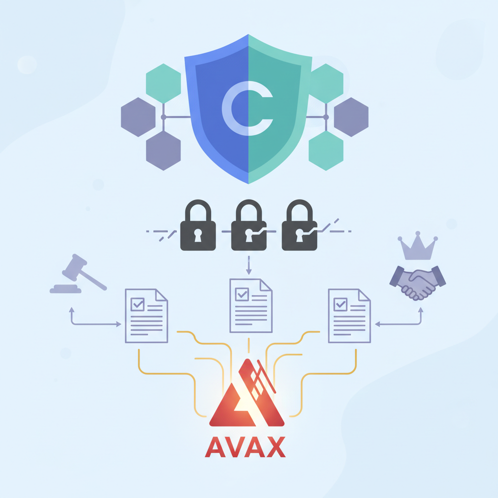 compliance shield over blockchain subnet, locks governance icons, regulatory documents integrating with avax chain