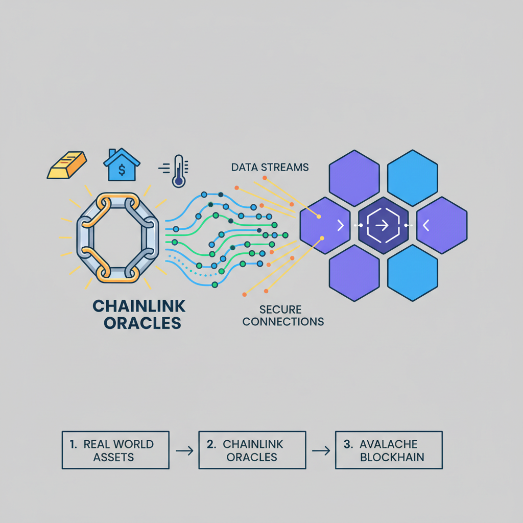 chainlink oracles linking real world assets to avalanche blockchain, data streams flowing, secure connections glowing