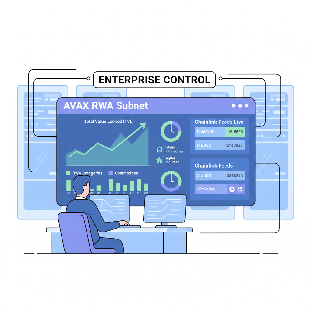 monitoring dashboard avax rwa subnet, charts surging TVL, chainlink feeds live, enterprise control room