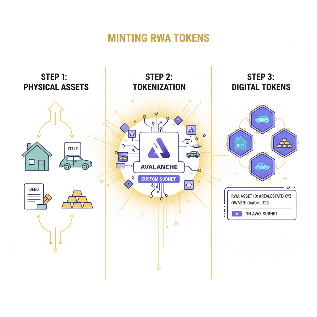 minting RWA tokens on custom avax subnet, real estate car titles transforming to digital tokens, golden mint glow