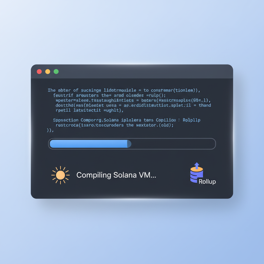 terminal compiling code with progress bar, Solana VM and rollup icons