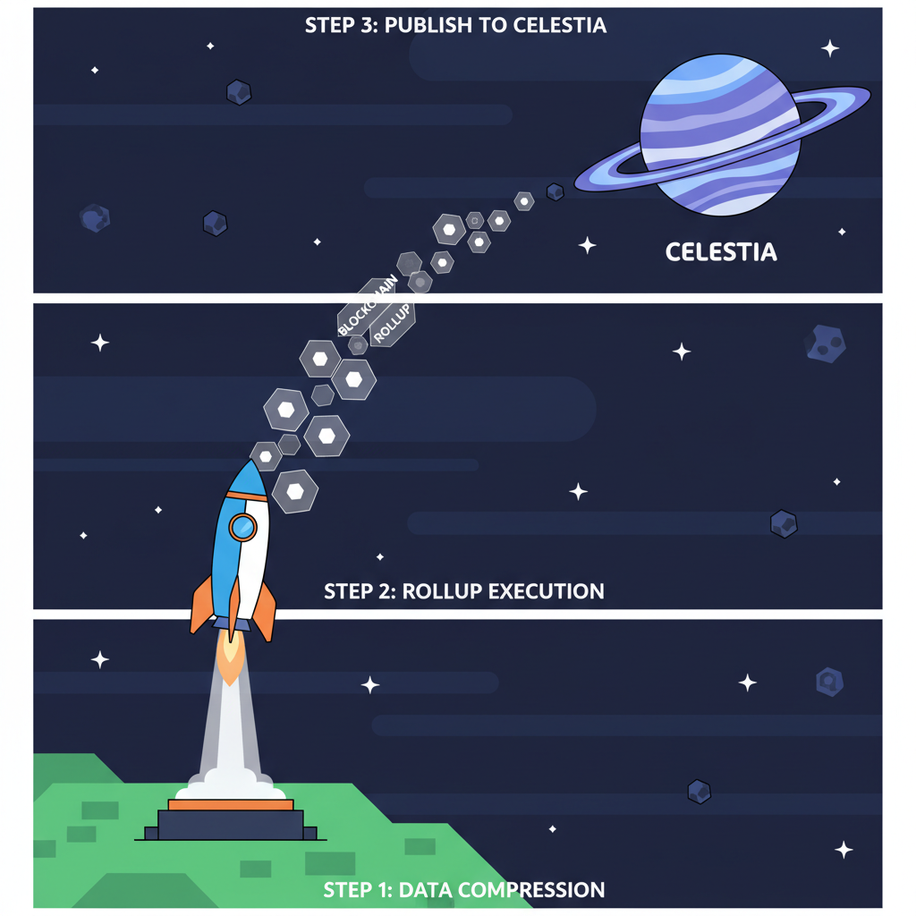 rocket launching blockchain rollup towards Celestia planet