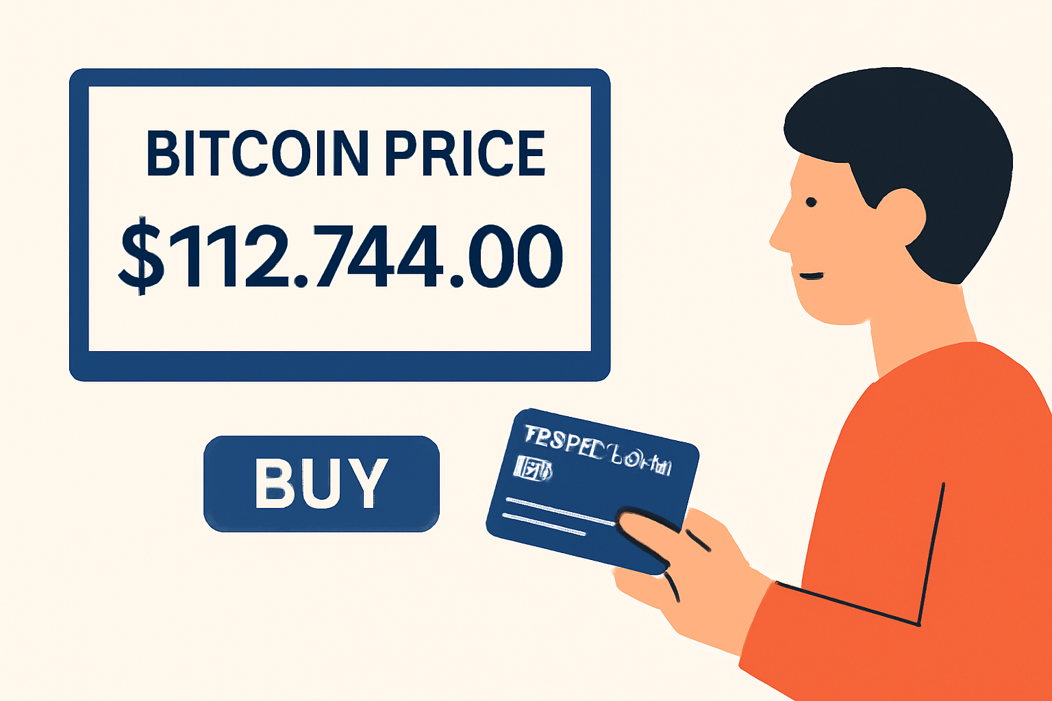 a digital screen showing the current Bitcoin price at $112,744.00, with a person buying Bitcoin using a credit card, clear and informative