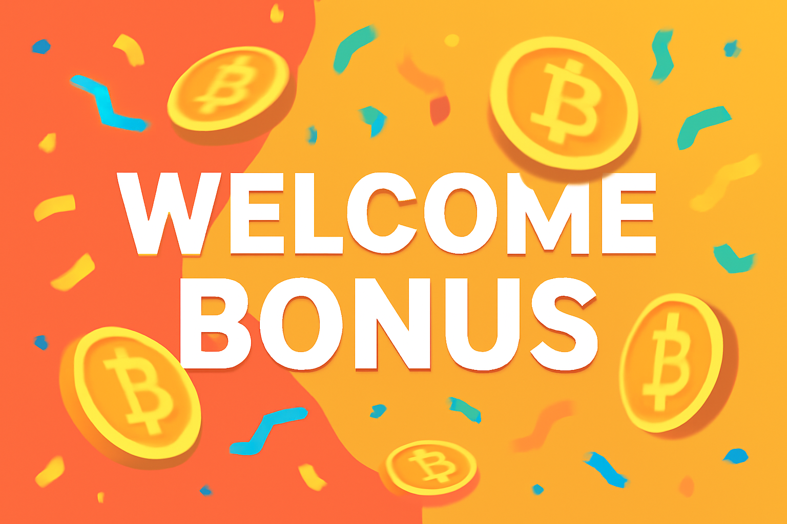 a festive banner on a betting site showing a 'Welcome Bonus' with Bitcoin coins and confetti, colorful and celebratory