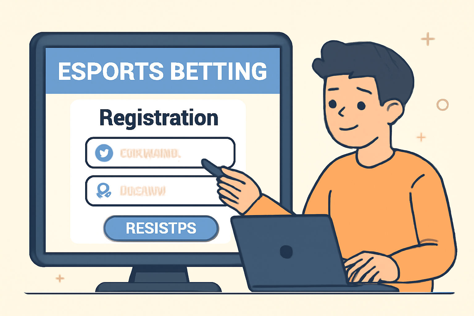 a user filling out an online registration form on an esports betting site, with icons for email and password, friendly and inviting