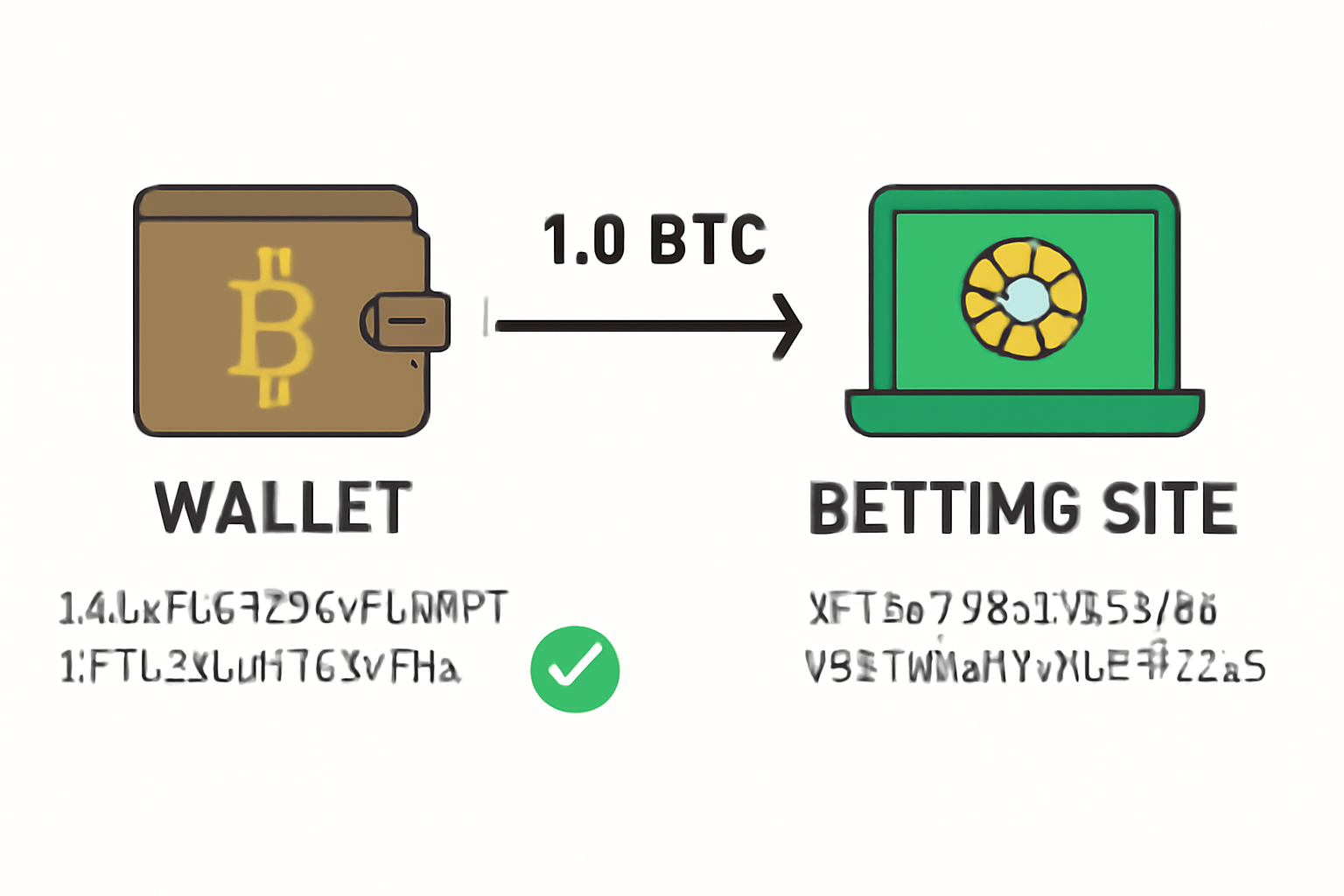 a digital transaction interface showing Bitcoin being transferred from a wallet to a betting site, with clear wallet addresses and confirmation checkmarks