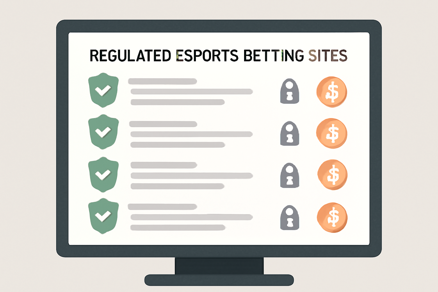 a computer screen displaying a list of regulated esports betting sites with certification badges and Bitcoin logos, secure and professional look