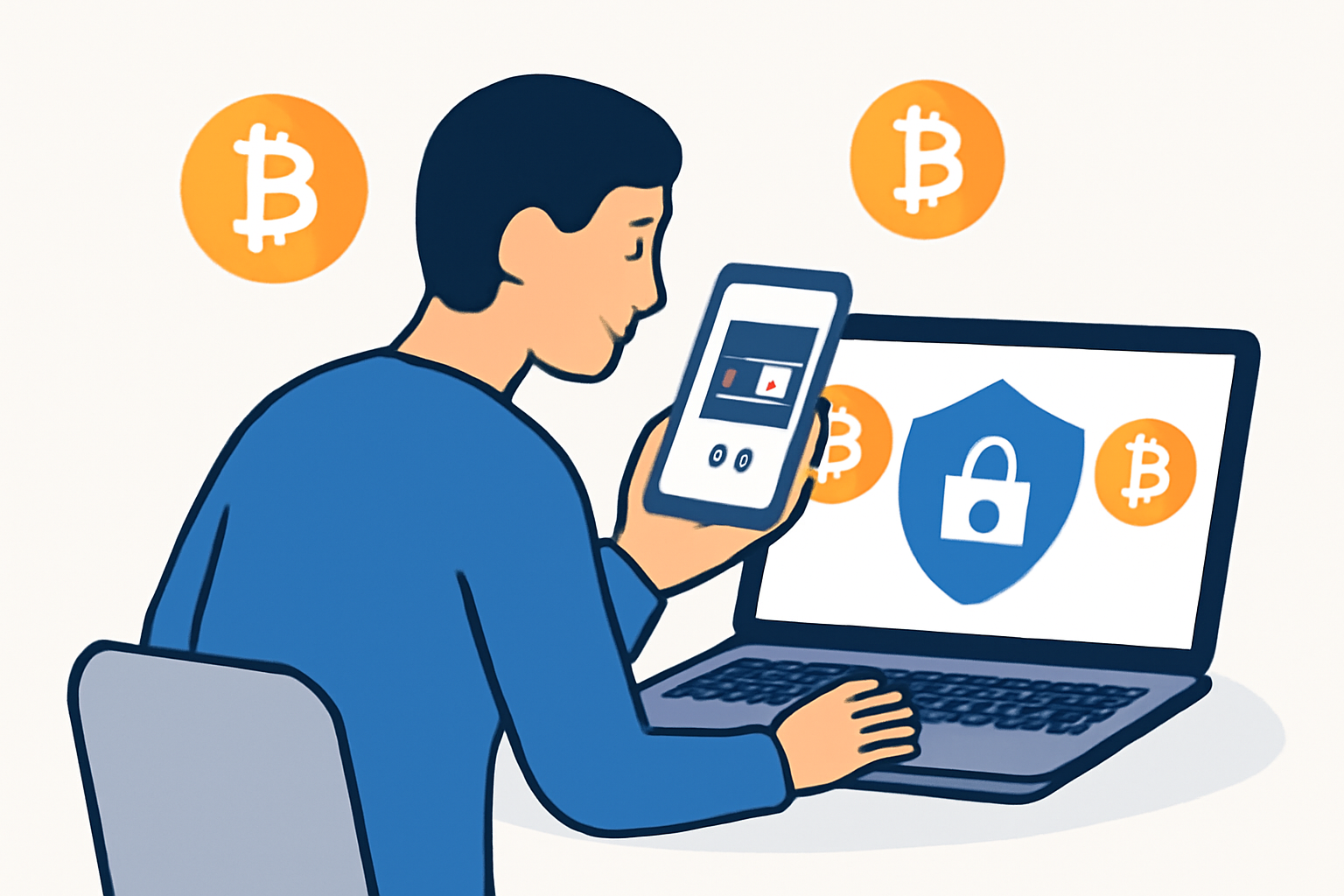 a person setting up a cryptocurrency wallet on their smartphone and laptop, with Bitcoin logos and a secure lock symbol, modern and clean style