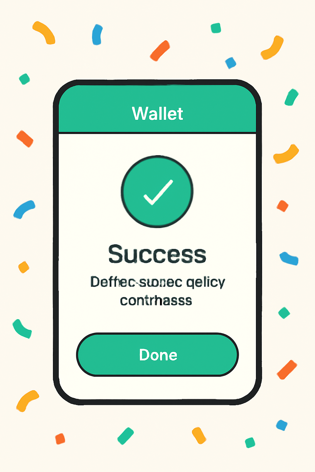 success screen confirming DeFi insurance policy purchase, wallet notification, celebratory confetti