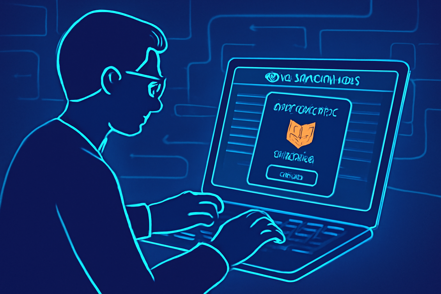 crypto user connecting MetaMask wallet to DeFi insurance dashboard on laptop, neon blue tones, futuristic UI