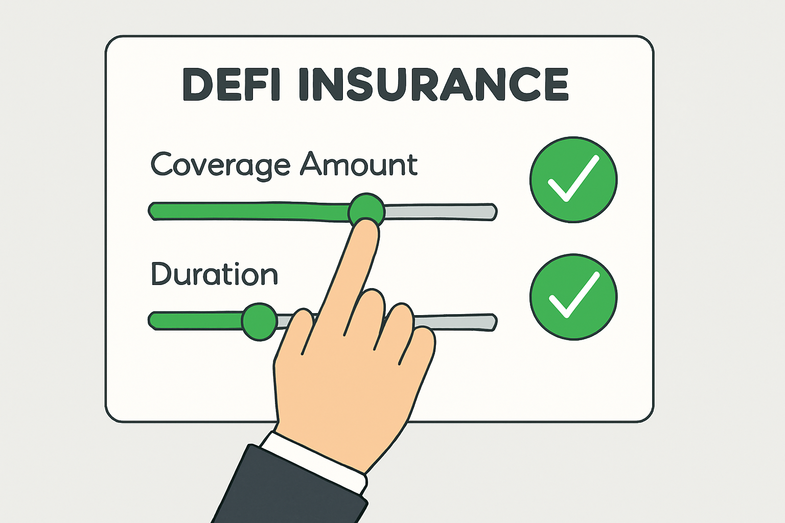 user inputting coverage amount and duration sliders on DeFi insurance UI, green checkmarks