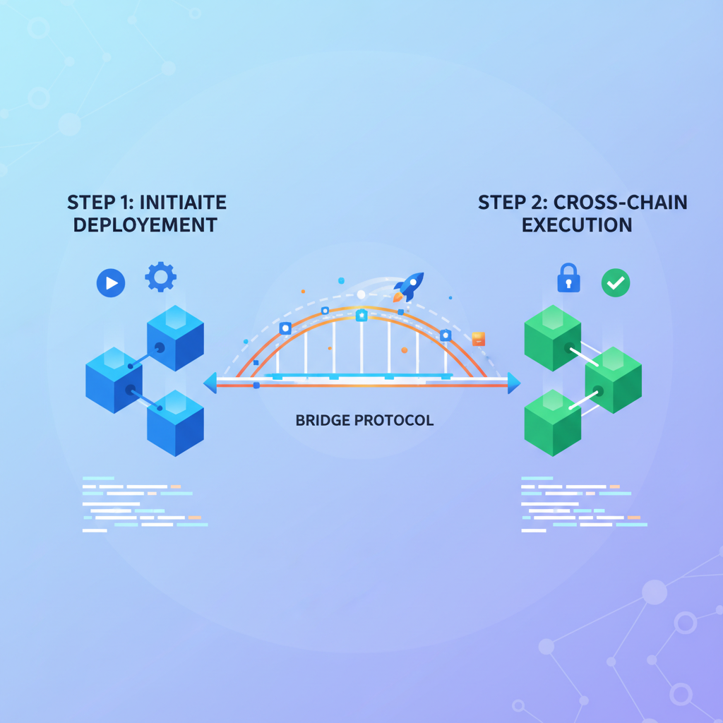 smart contracts deploying on dual blockchain chains connected by glowing bridge