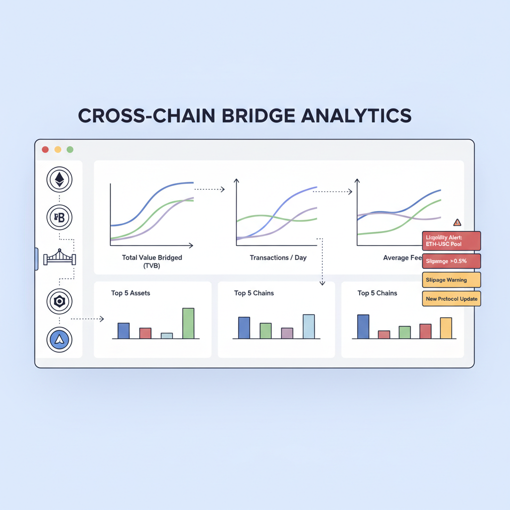 modern dashboard displaying cross-chain bridge metrics graphs and alerts