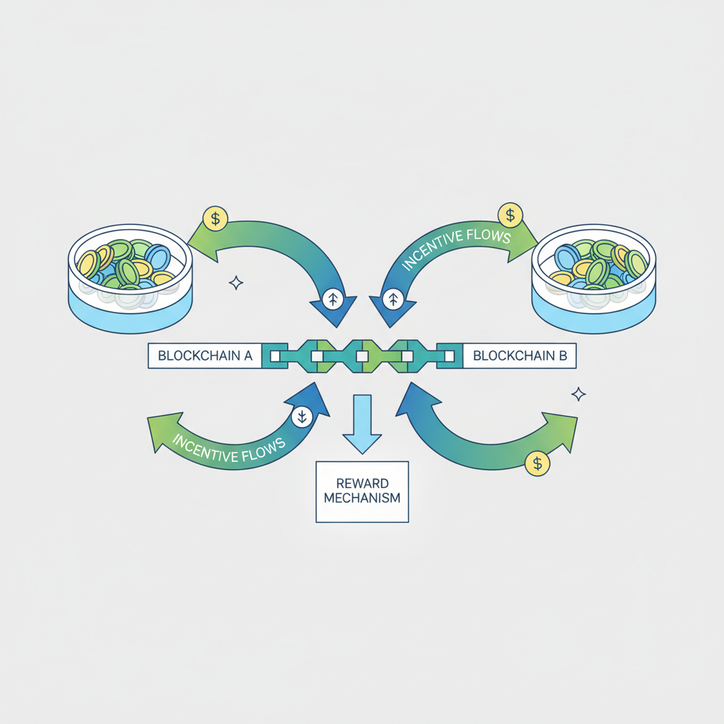 symmetric token pools balanced on two blockchain sides with incentive flows