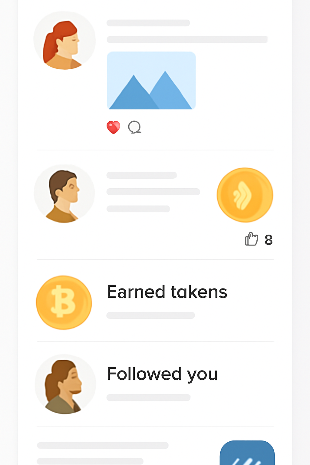 A digital feed filled with social posts, token icons, and activity highlights, all within a sleek app interface
