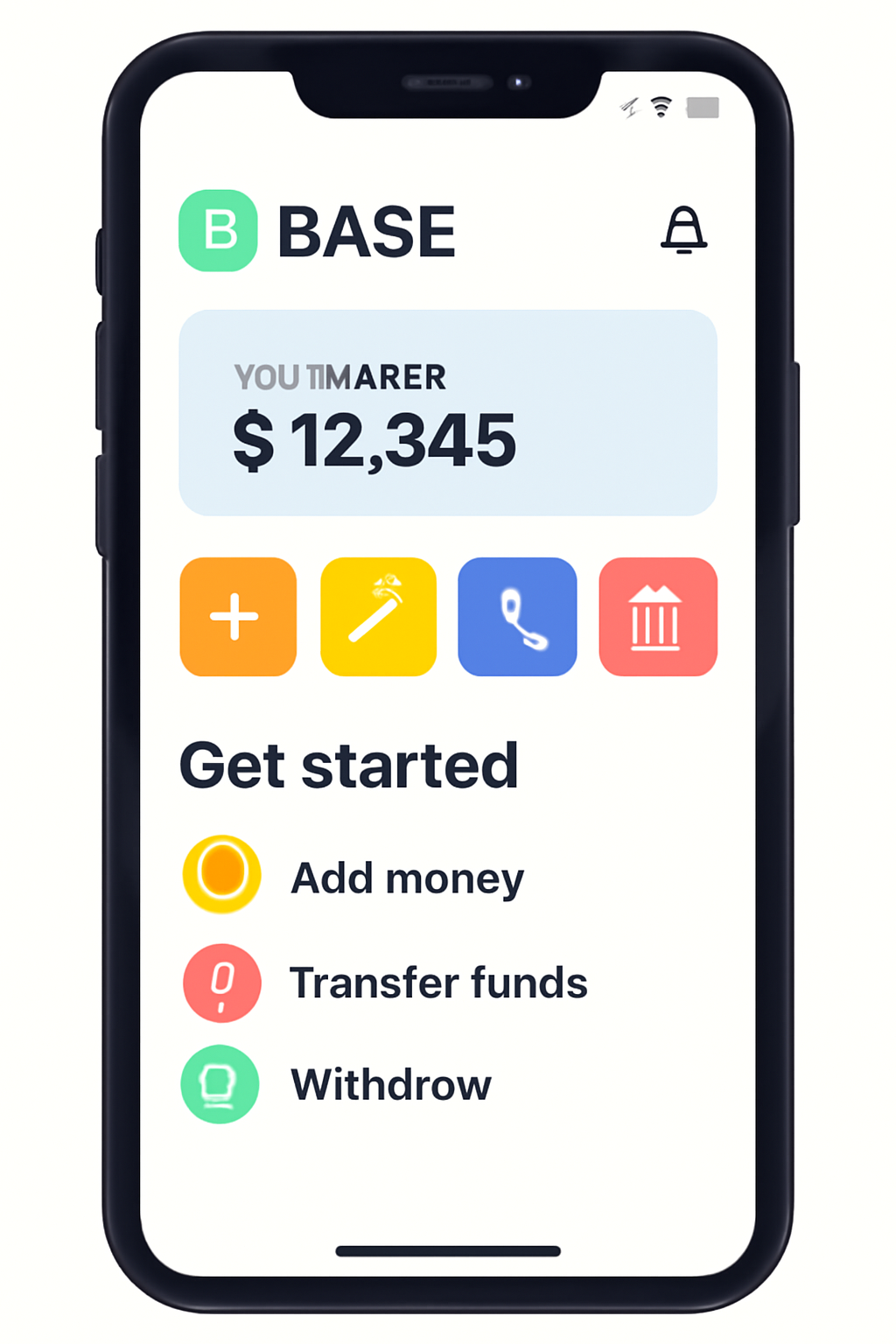A smartphone displaying the Base App home screen with a vibrant, modern interface