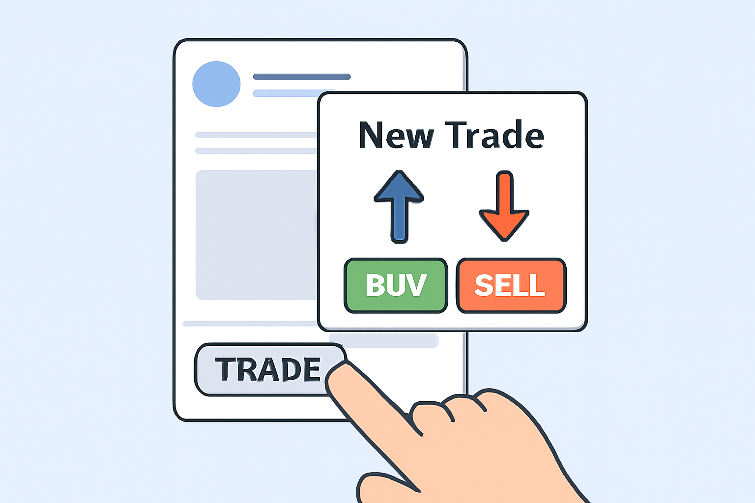 A finger tapping a trade button on a post, with a pop-up trading window appearing