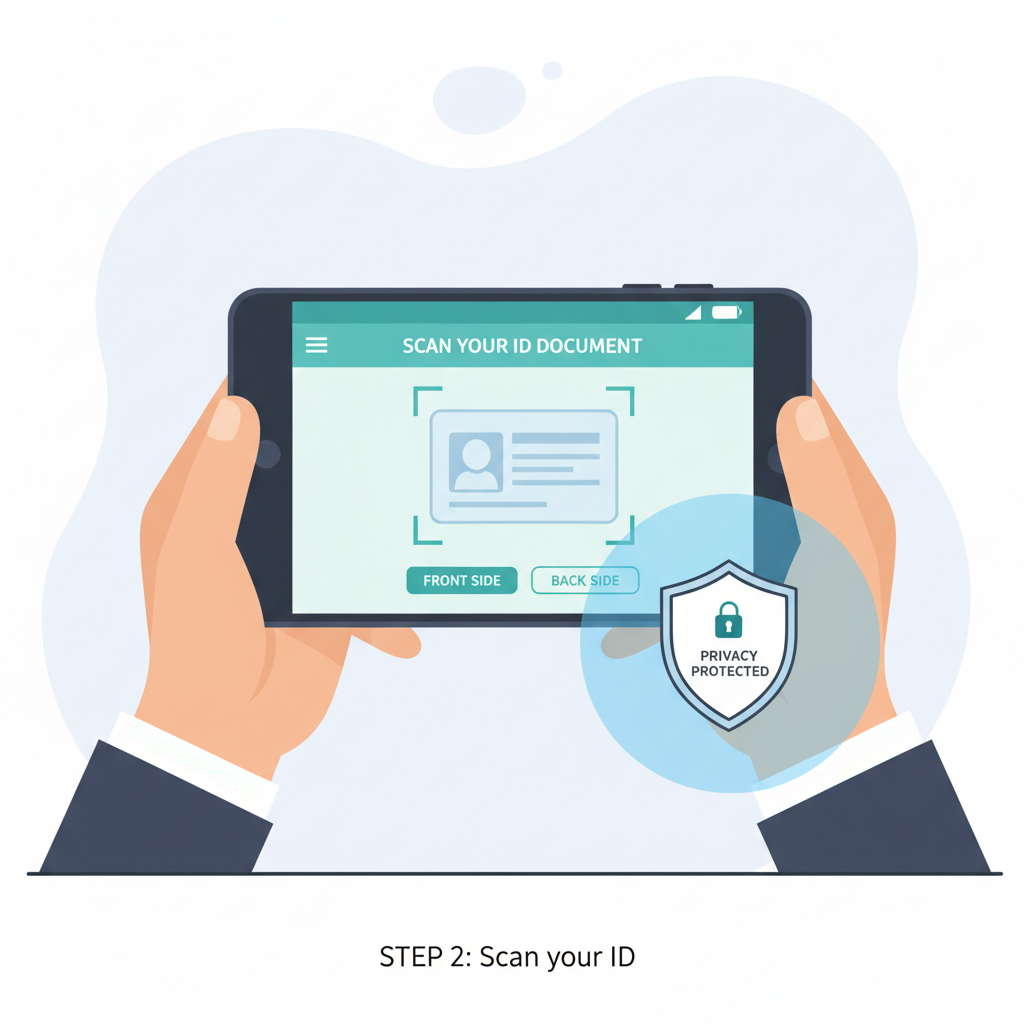 user scanning ID document on mobile app, privacy shield icon, professional interface