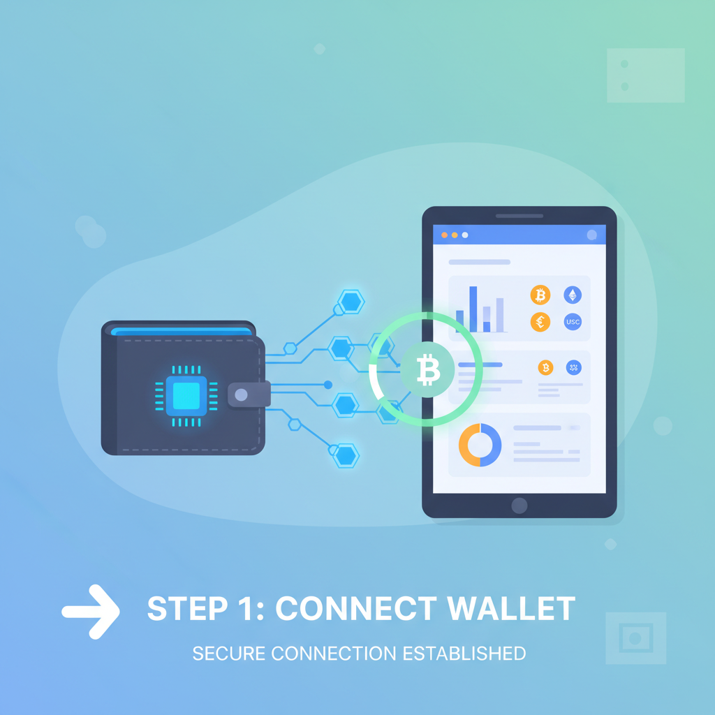 wallet connecting to DeFi dashboard, blockchain links forming, secure connection animation
