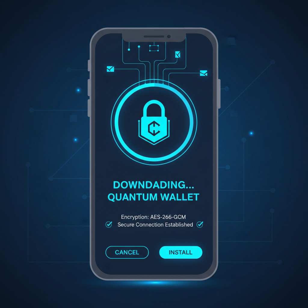 smartphone downloading futuristic crypto wallet app, neon blue tones, secure download interface