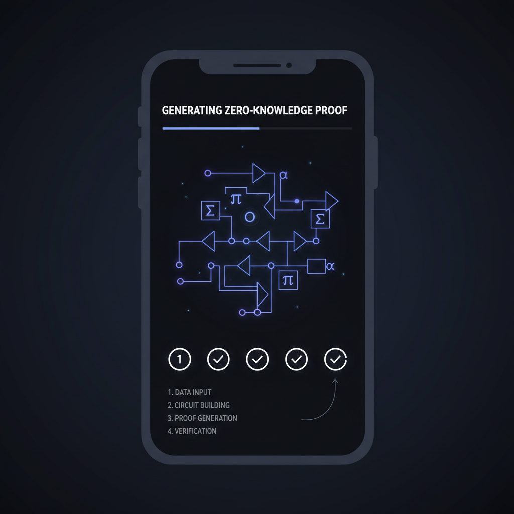 generating zero-knowledge proof in wallet app, abstract math circuits glowing, dark mode