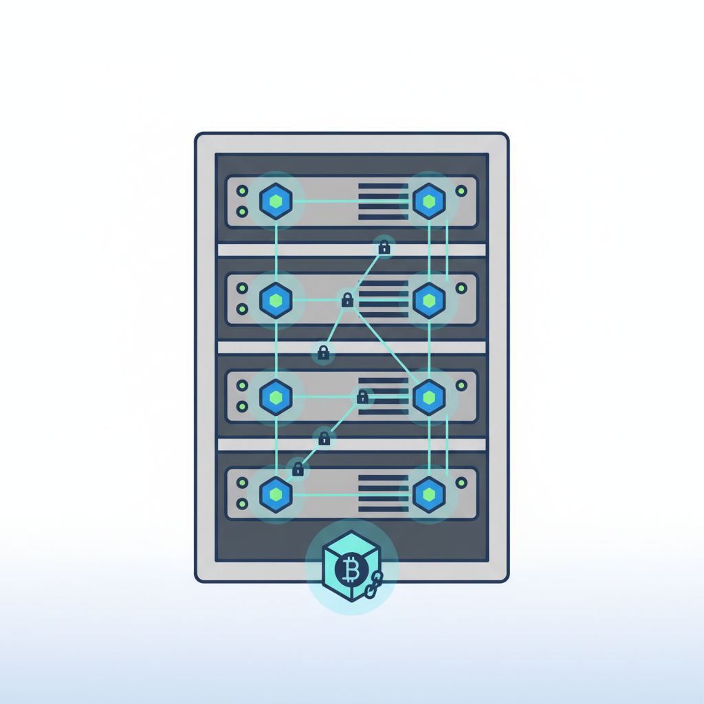 server rack with glowing blockchain nodes