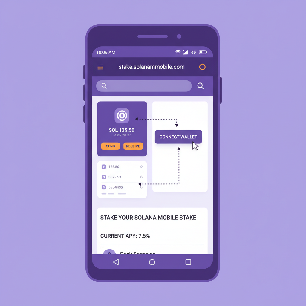 Solana Saga phone screen showing Backpack Wallet open, connecting to stake.solanamobile.com dashboard, vibrant purple Solana theme, clean UI, mobile portrait