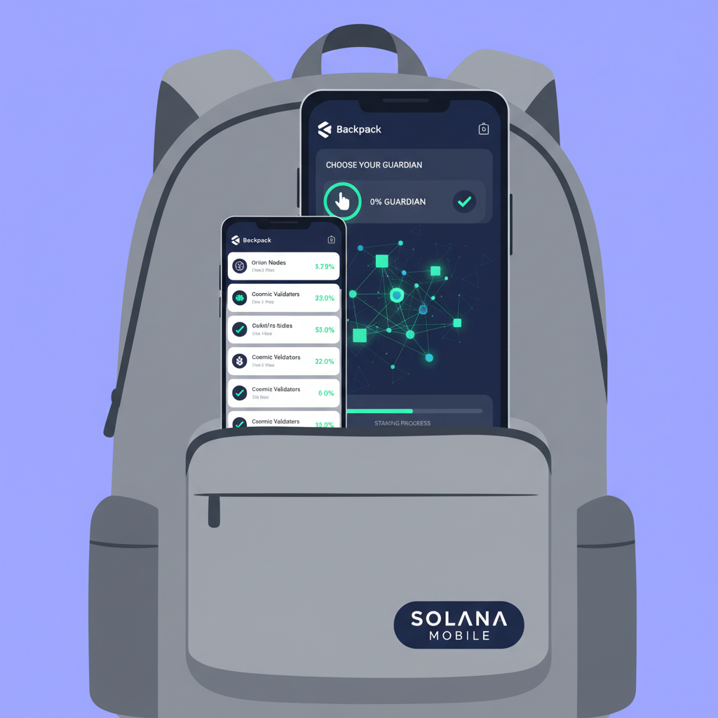 Saga phone screen in Backpack staking interface, highlighting 0% Guardian option, Solana Mobile logo, green checkmark, futuristic node visualization