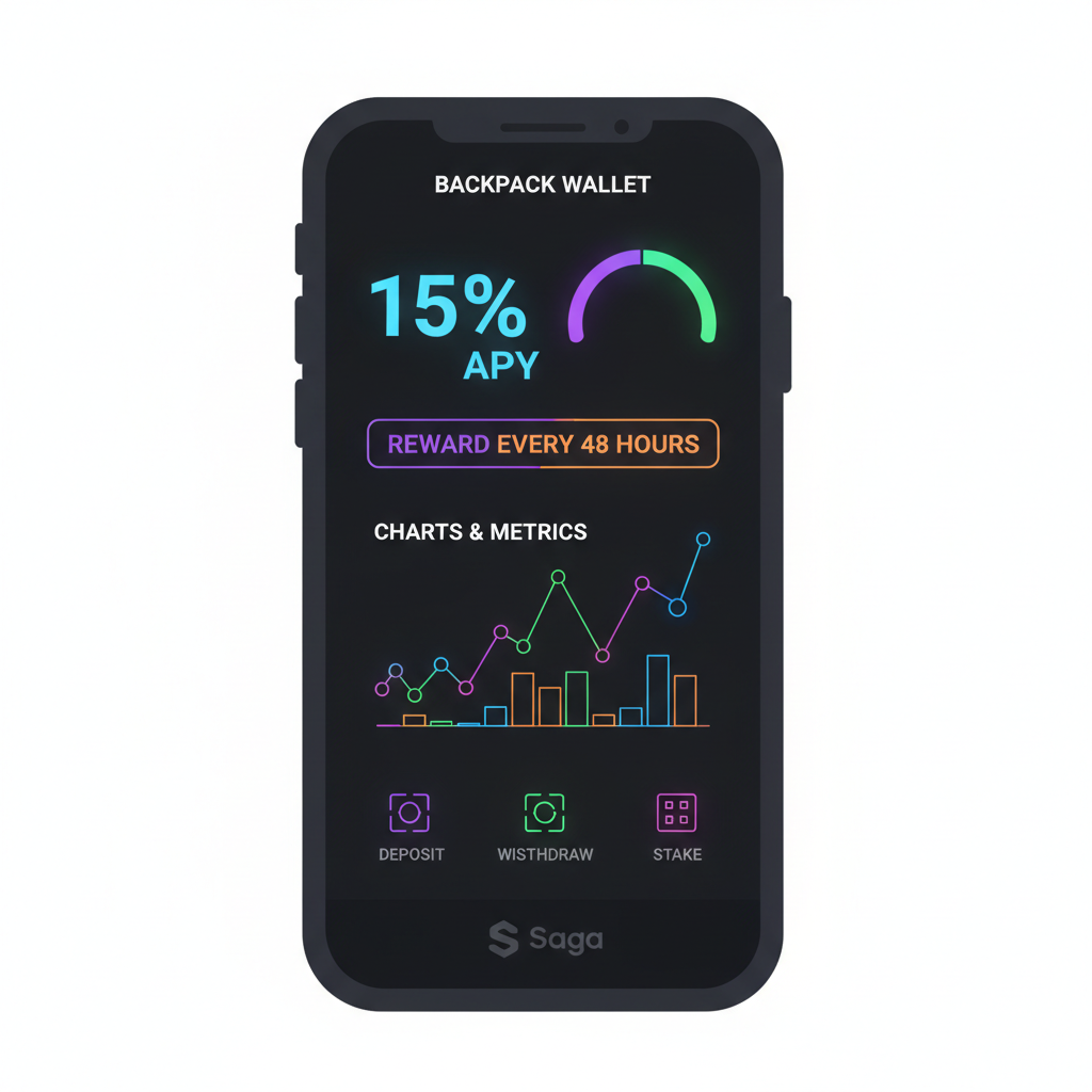 Backpack Wallet preview screen on Saga phone, APY gauge at 15%, reward timeline every 48 hours, charts and metrics, neon data viz style