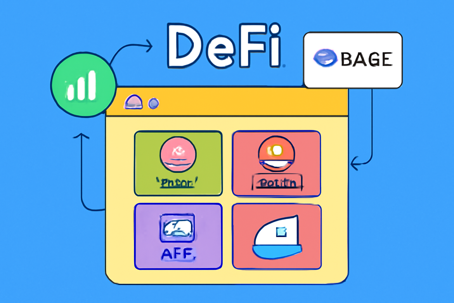 A vibrant dashboard showing various DeFi apps on the Base network, with icons for swaps, lending, and NFTs.