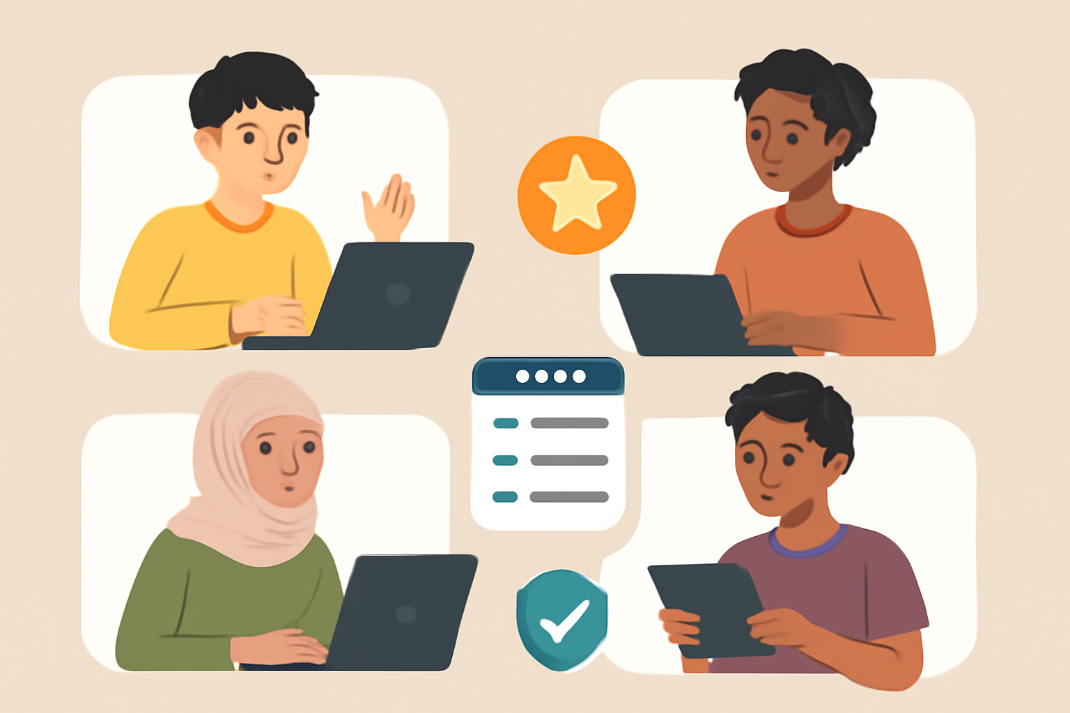 A group of diverse users collaborating online, earning digital badges and participating in community polls.