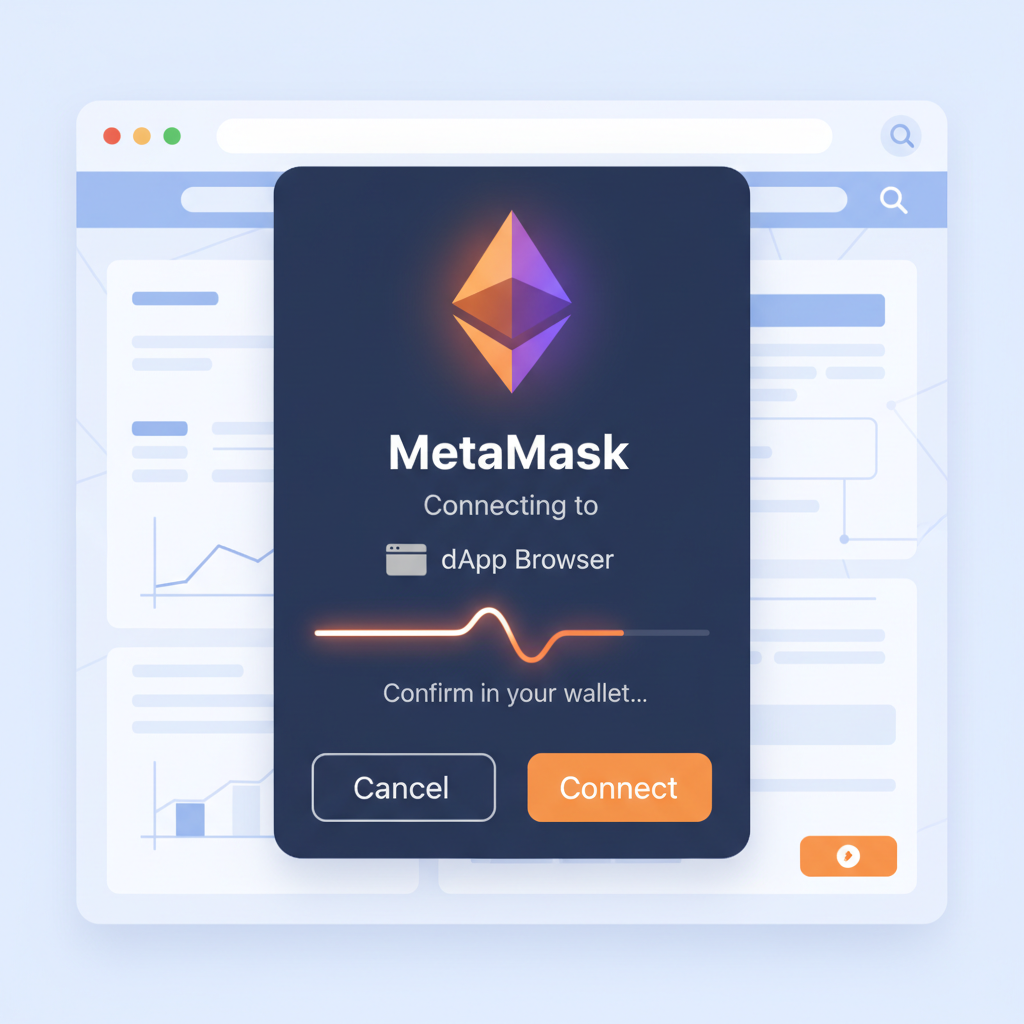 MetaMask wallet popup connecting to dApp browser interface glowing Ethereum logo
