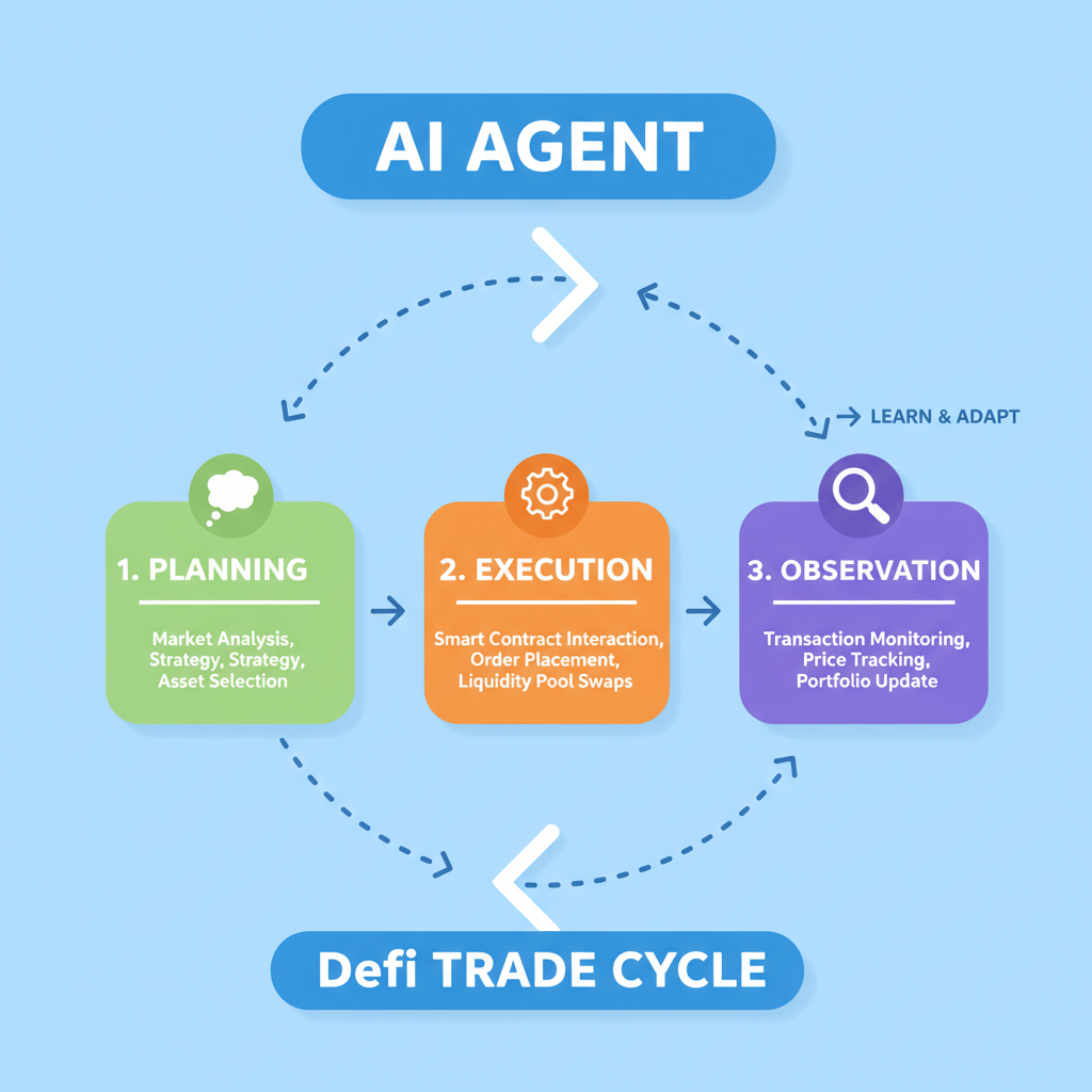 AI agent loop flowchart planning execution observation DeFi trade cycle animated style