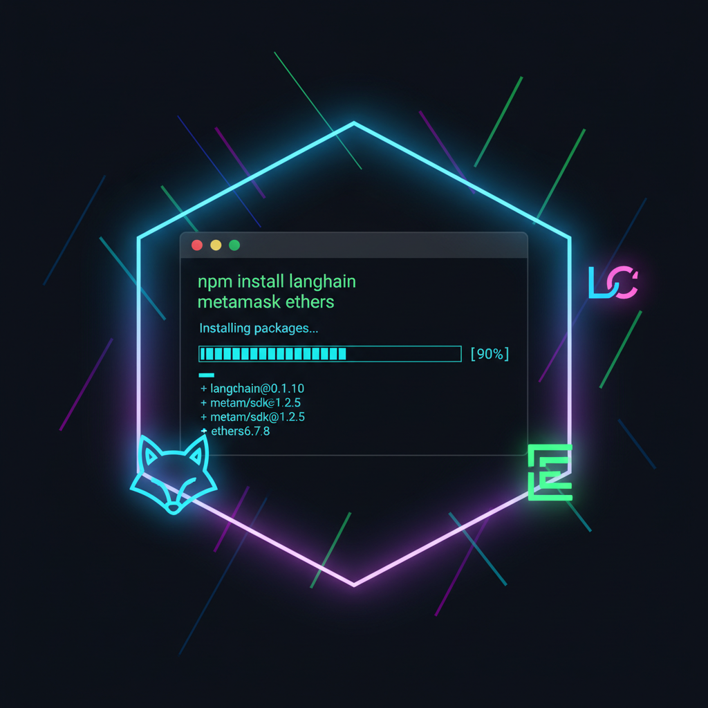 developer terminal installing npm packages LangChain MetaMask ethers futuristic neon glow