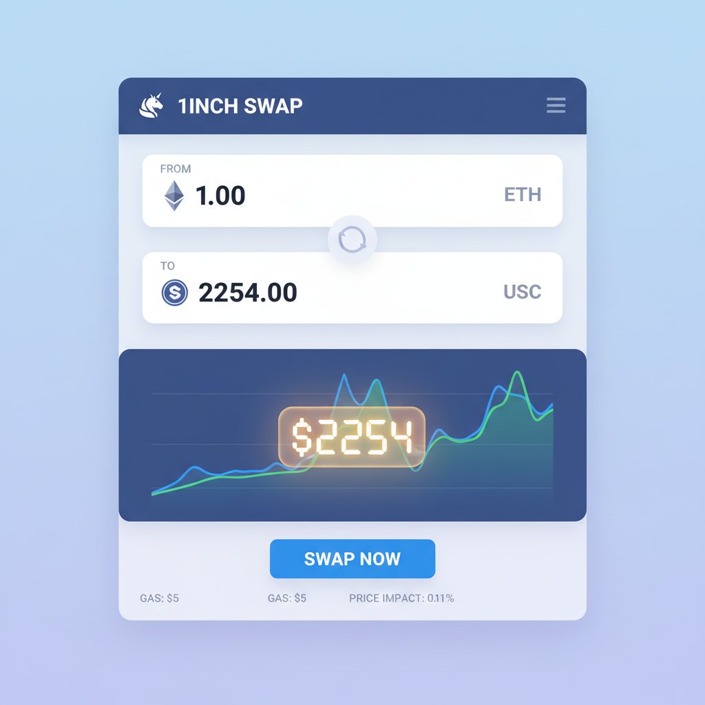 1inch DEX aggregator swap interface ETH to USDC chart with price $2254 glowing