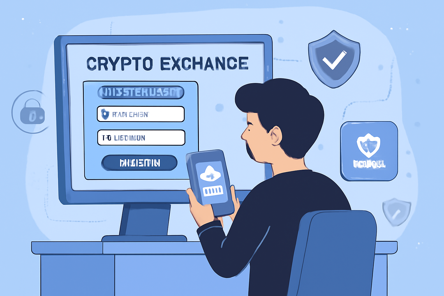 A person setting up an account on a crypto exchange platform, enabling two-factor authentication, with a secure digital environment