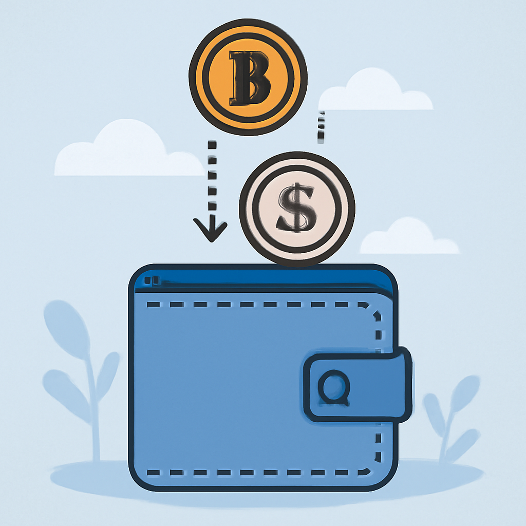 A digital wallet receiving funds, with Bitcoin and dollar symbols, and a calm, secure background