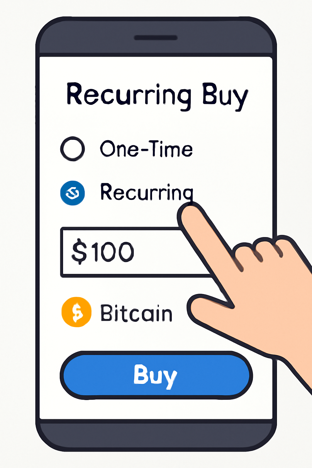 A user interface showing a recurring buy or DCA feature being selected on a crypto trading app