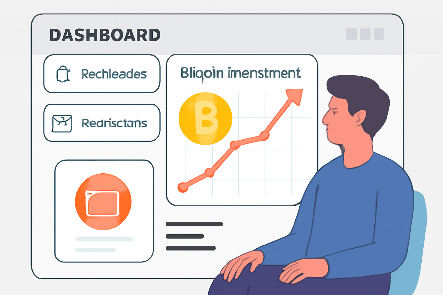 A dashboard displaying a growing Bitcoin investment graph, notifications, and a calm investor watching progress
