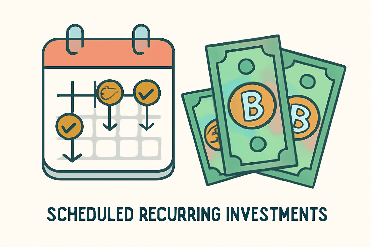 A calendar and dollar bills with Bitcoin symbols, showing scheduled recurring investments