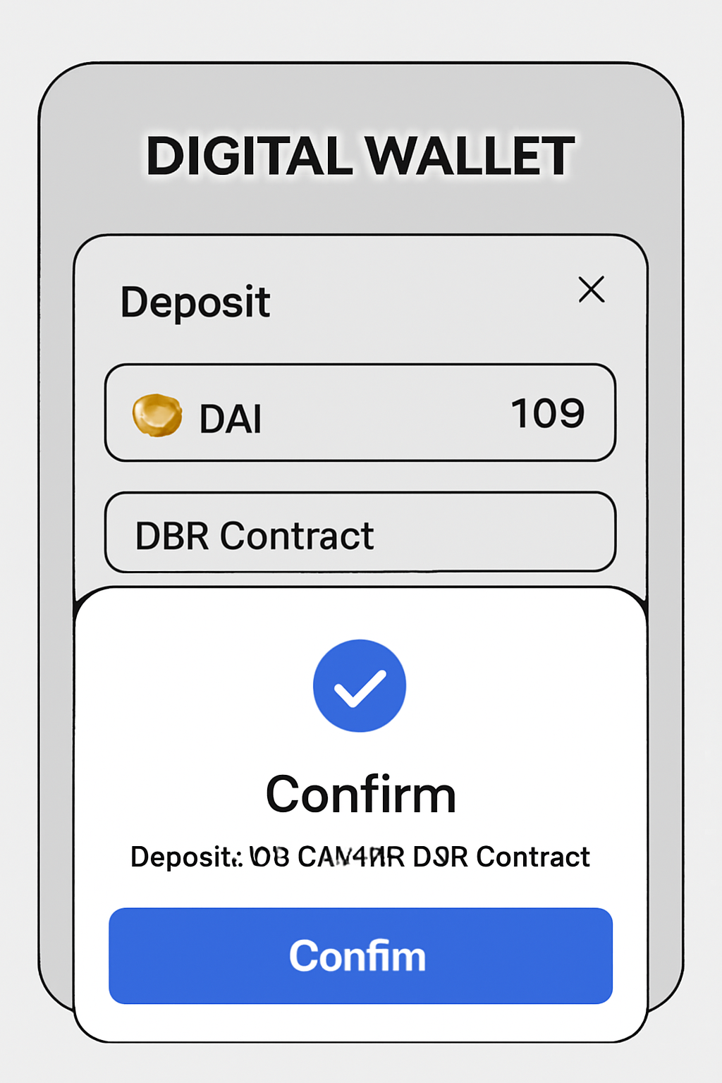 A digital wallet interface showing a transaction of DAI being deposited into the DSR contract, with confirmation pop-up.